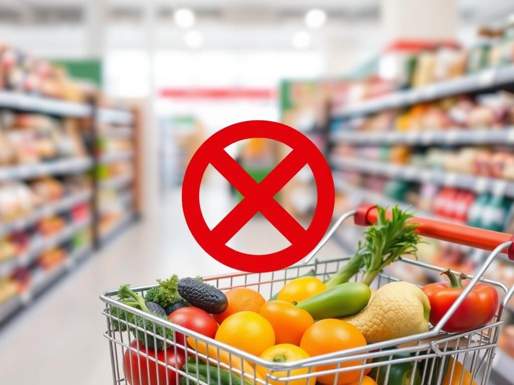 Flick International A grocery cart filled with fresh fruits and vegetables, with junk food and sodas blurred in the background and marked with an 'X'.