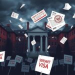Flick International Dramatic scene of Harvard University campus with protest signs and stormy skies