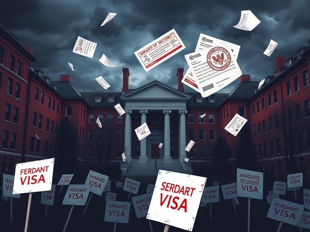 Flick International Dramatic scene of Harvard University campus with protest signs and stormy skies