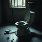 Flick International Abandoned prison cell with tarnished metal toilet and escape route