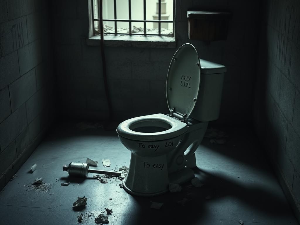 Flick International Abandoned prison cell with tarnished metal toilet and escape route