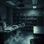 Flick International A dimly lit morgue room with cold metal tables and medical equipment
