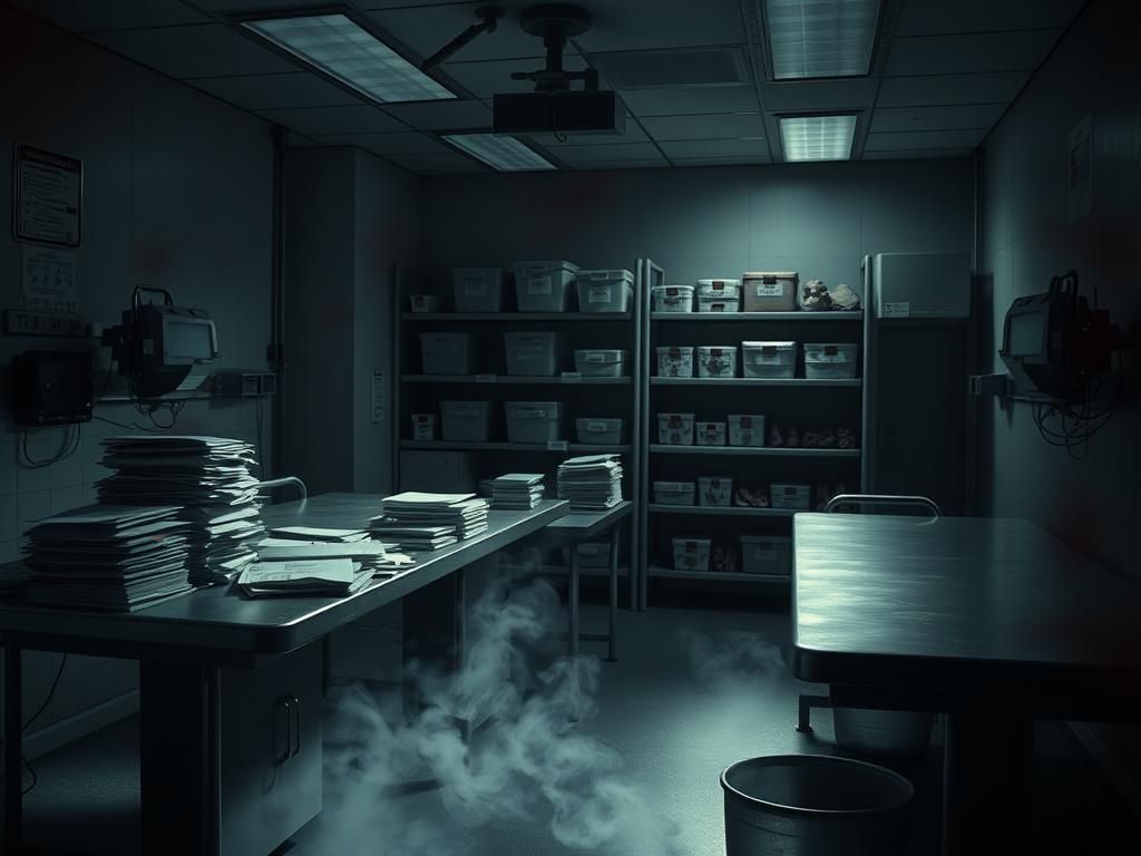 Flick International A dimly lit morgue room with cold metal tables and medical equipment