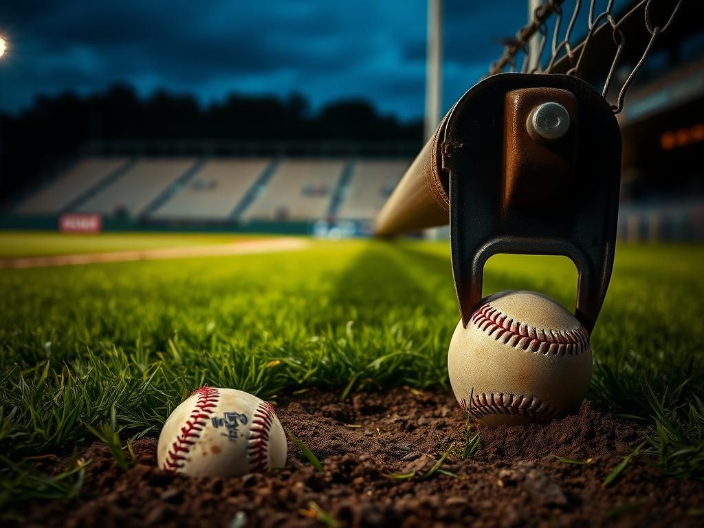 Flick International Close-up view of a baseball field with a tarp roller showing sharp metal edges near foul territory