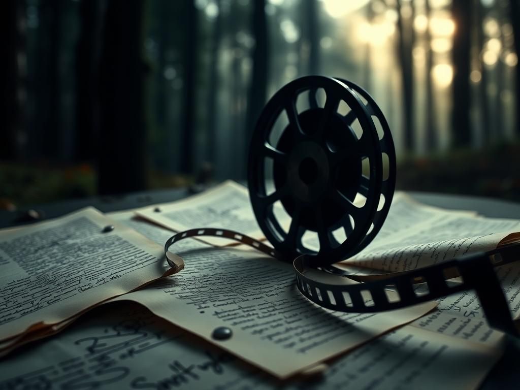 Flick International Close-up of a vintage movie reel and crumpled script pages symbolizing art and politics in Hollywood