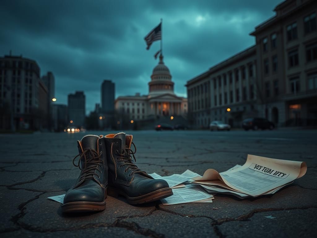 Flick International Weathered black boots on cracked pavement symbolizing abandonment and deception