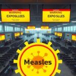 Flick International Overhead view of a busy airport terminal highlighting health warnings about measles exposure