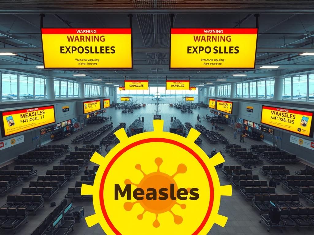 Flick International Overhead view of a busy airport terminal highlighting health warnings about measles exposure