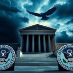 Flick International The U.S. Supreme Court building with contrasting seals of the Democratic and Republican parties in the foreground under a stormy sky.