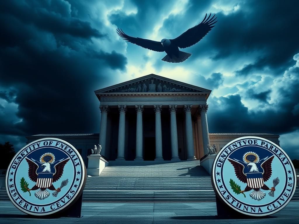 Flick International The U.S. Supreme Court building with contrasting seals of the Democratic and Republican parties in the foreground under a stormy sky.