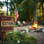 Flick International Rustic outdoor camp setting with wooden signpost at Camp Southern Ground and waving American flag