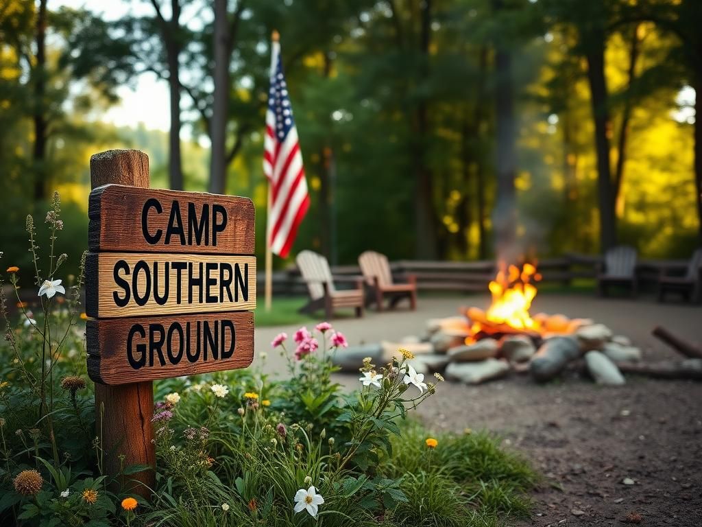 Flick International Rustic outdoor camp setting with wooden signpost at Camp Southern Ground and waving American flag