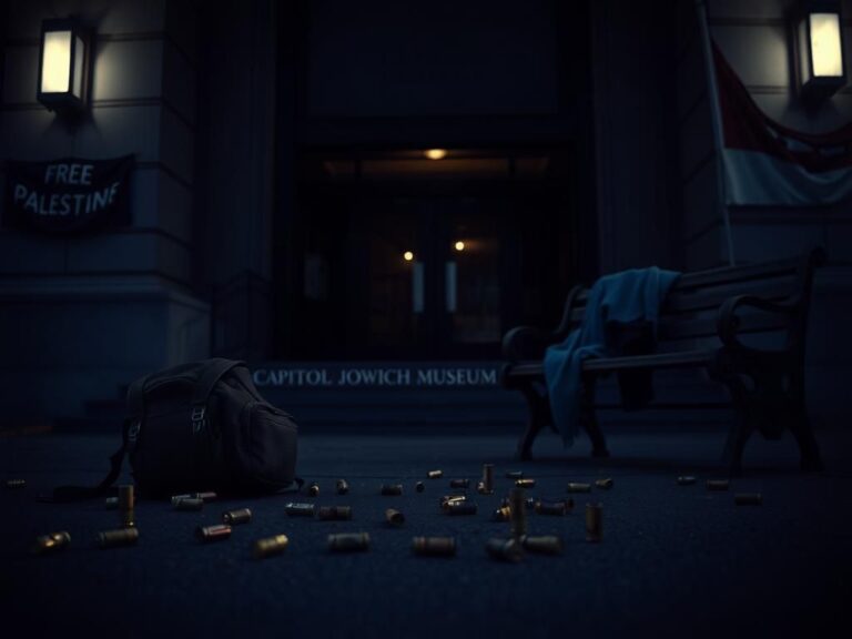 Flick International Exterior view of the Capitol Jewish Museum in Washington, D.C. with abandoned items and dim lighting reflecting a tense atmosphere