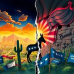 Flick International A vibrant city skyline contrasted with a dark, stormy landscape depicting political chaos