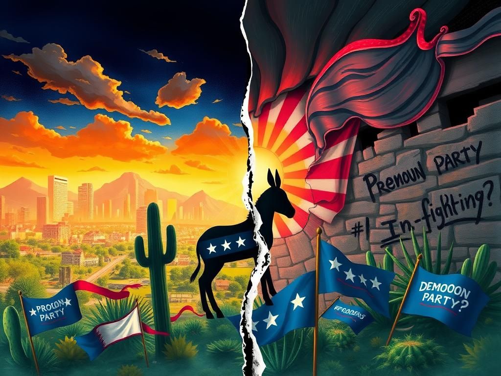 Flick International A vibrant city skyline contrasted with a dark, stormy landscape depicting political chaos