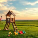 Flick International A serene outdoor scene depicting a military family's life with a playset and scattered toys