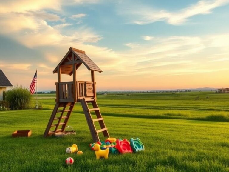Flick International A serene outdoor scene depicting a military family's life with a playset and scattered toys