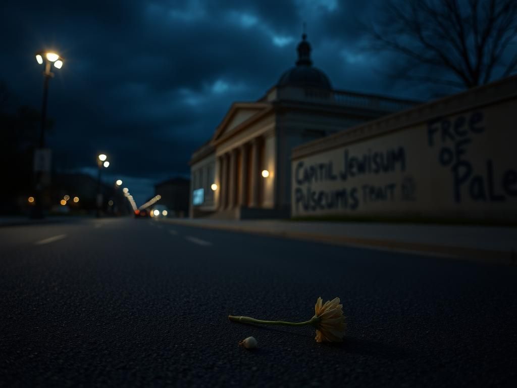 Flick International A wilted flower on an empty street near the Capital Jewish Museum symbolizing loss and mourning