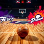 Flick International Dramatic basketball court scene with logos of Indiana Fever and Atlanta Dream