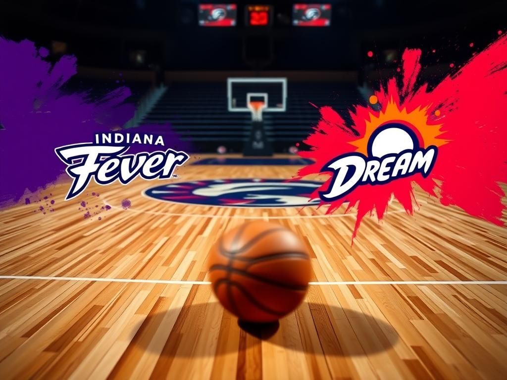 Flick International Dramatic basketball court scene with logos of Indiana Fever and Atlanta Dream