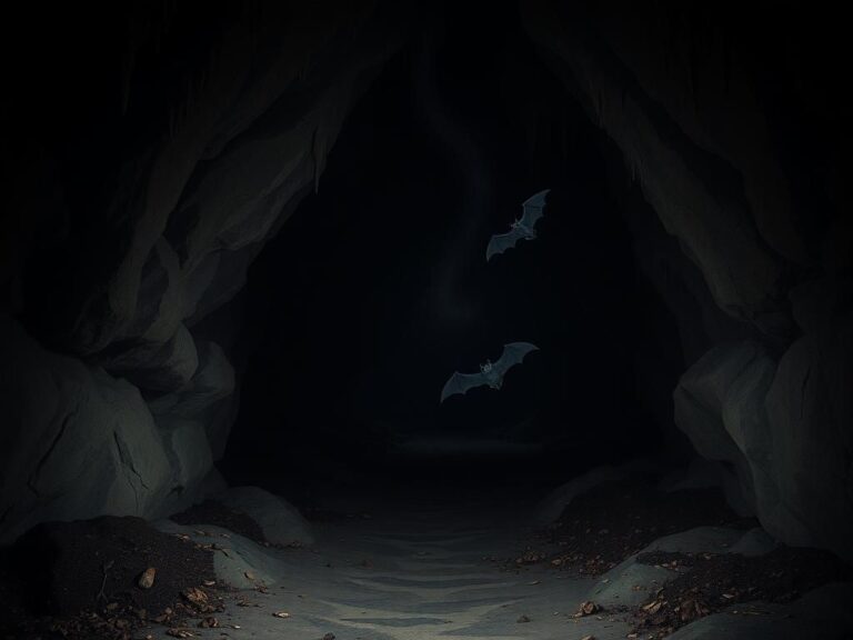 Flick International Dimly lit cave interior with rugged rock formations and bat droppings