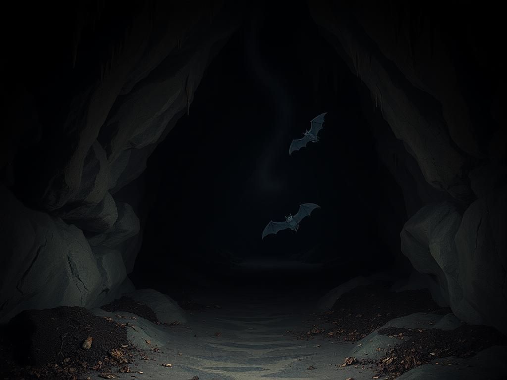 Flick International Dimly lit cave interior with rugged rock formations and bat droppings