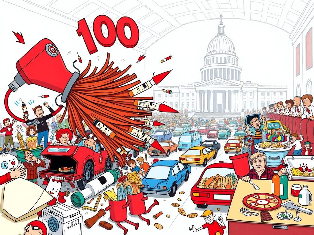 Flick International A whimsical illustration featuring oversized objects highlighting humorous challenges related to dissatisfaction with a prolonged Trump presidency.