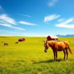 Flick International A gentle brown mustang grazing peacefully in a serene Wyoming ranch setting