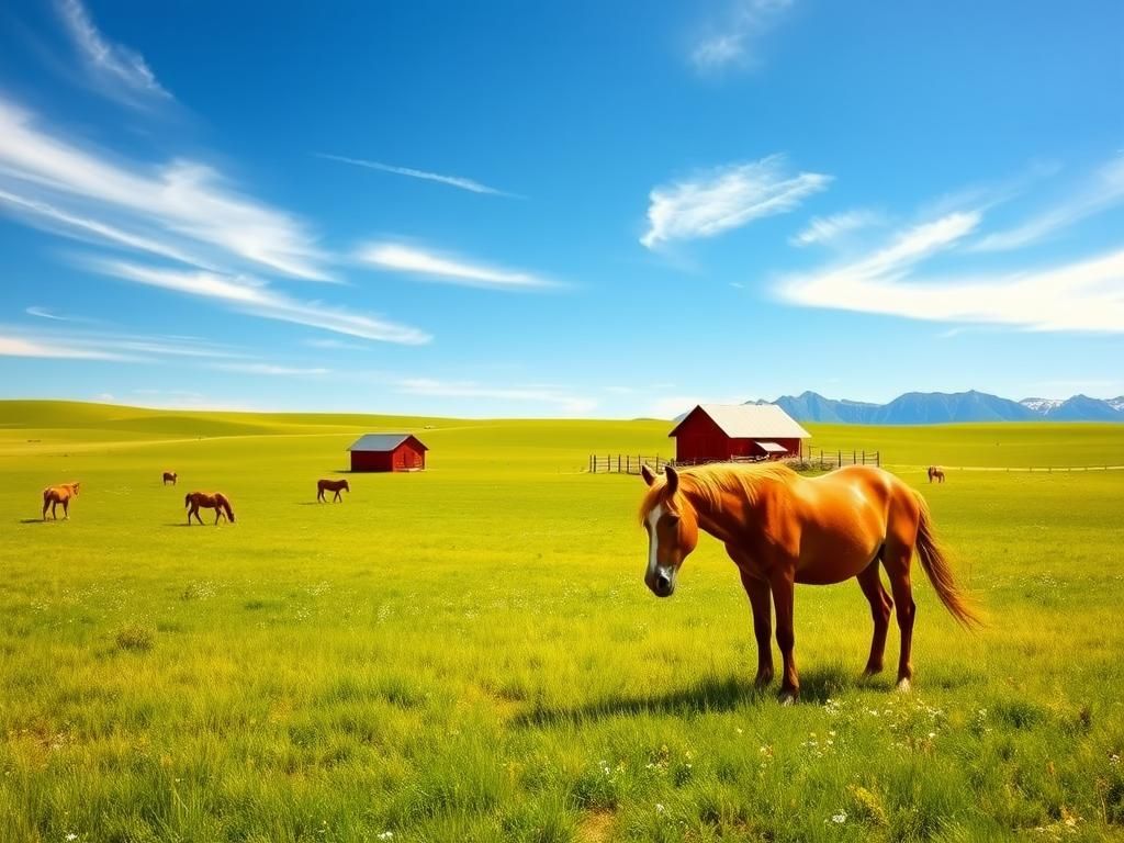 Flick International A gentle brown mustang grazing peacefully in a serene Wyoming ranch setting