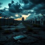 Flick International Dark abandoned prison yard with high fences and barbed wire during twilight