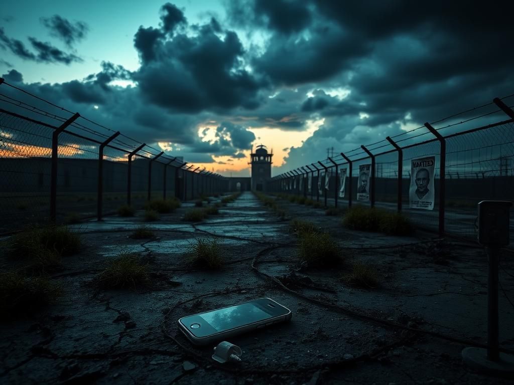 Flick International Dark abandoned prison yard with high fences and barbed wire during twilight