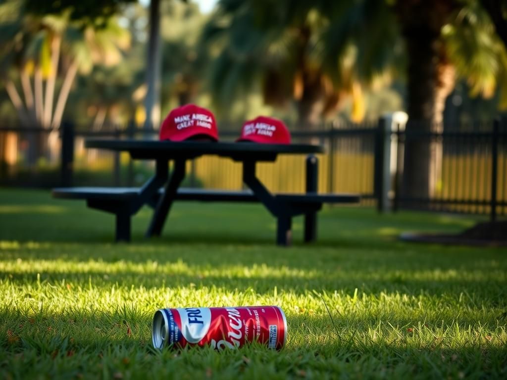 Flick International A picnic table in a park with a MAGA hat and a crumpled soda can on the ground