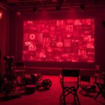Flick International A dimly lit Hollywood film set with distorted digital images representing AI manipulation and deepfakes