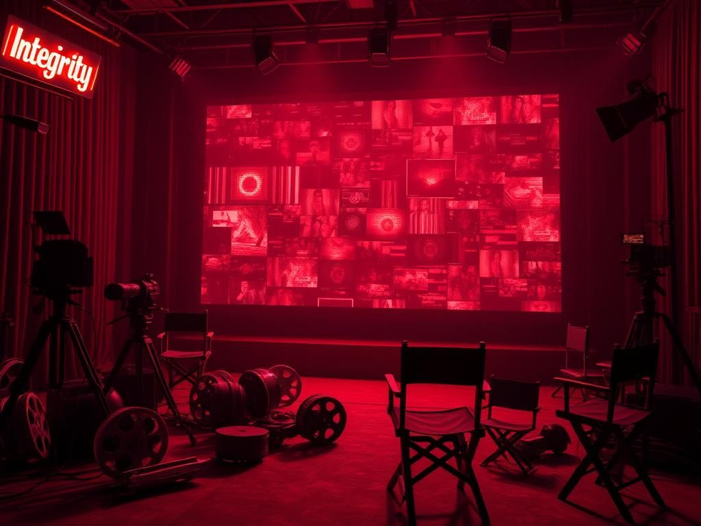 Flick International A dimly lit Hollywood film set with distorted digital images representing AI manipulation and deepfakes