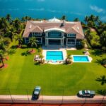Flick International Aerial view of a luxurious mansion in a tropical setting