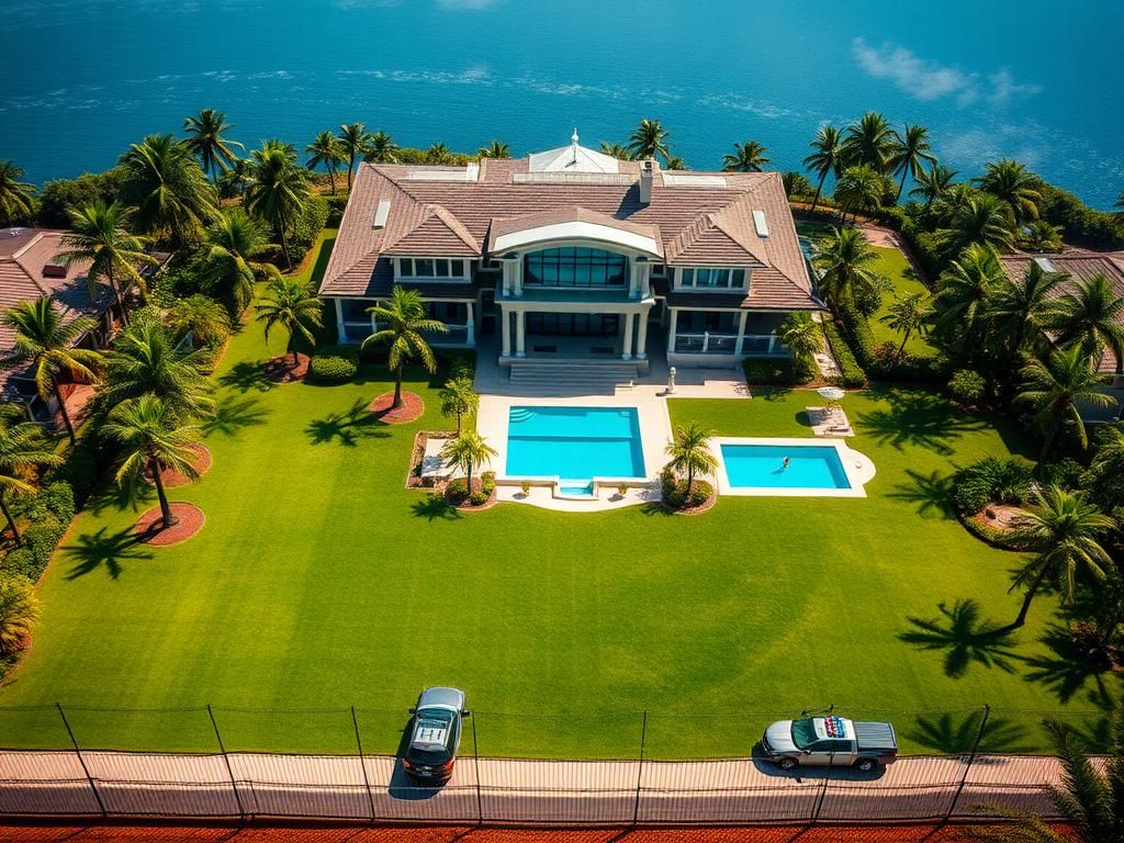 Flick International Aerial view of a luxurious mansion in a tropical setting