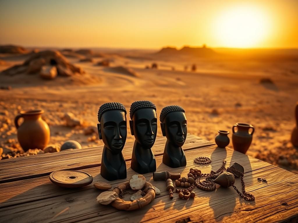Flick International Ancient Christian figurines displayed on a wooden surface, showcasing intricate carvings and historical artifacts.