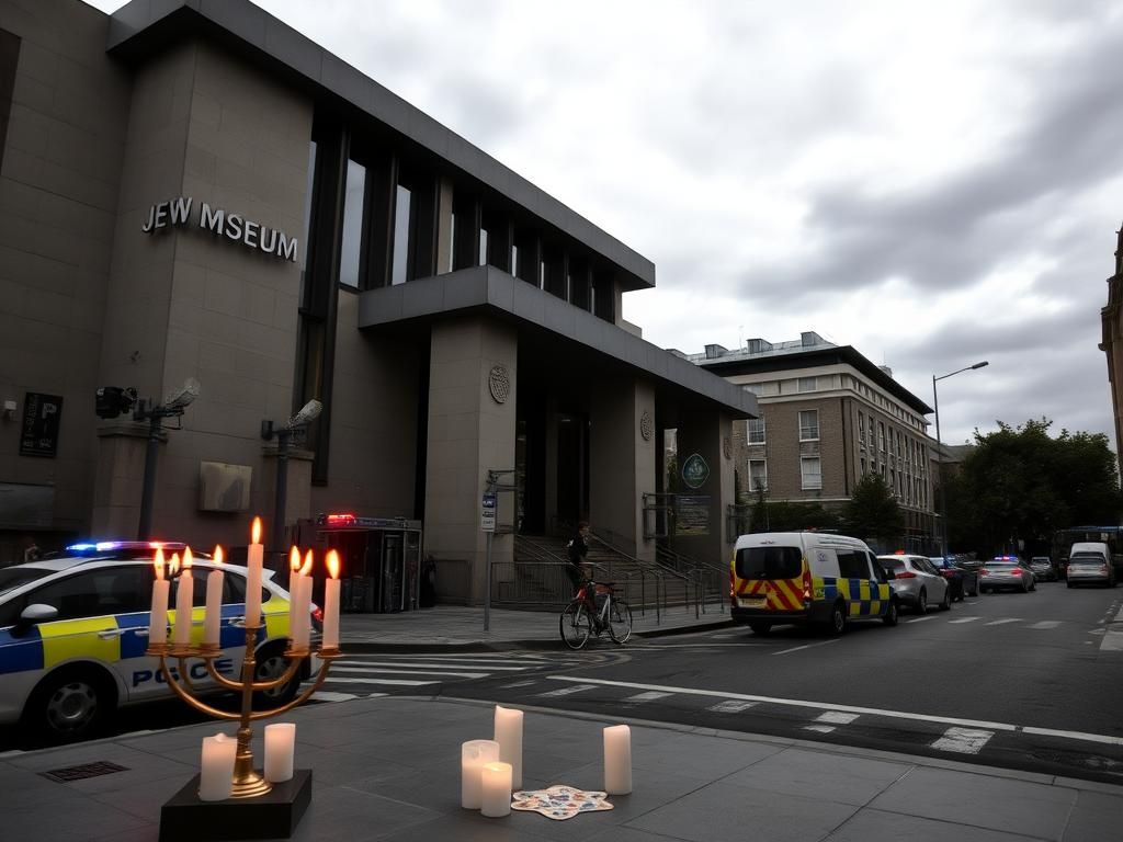 Flick International Exterior view of the Capital Jewish Museum highlighting security measures and a menorah vigil