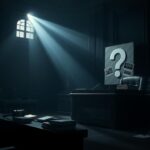 Flick International Dimly lit courtroom scene with judge's bench and shadowy audience, conveying tension and uncertainty