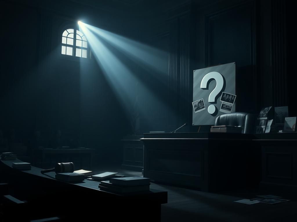 Flick International Dimly lit courtroom scene with judge's bench and shadowy audience, conveying tension and uncertainty