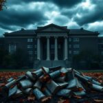 Flick International Large university building representing Columbia University, shrouded in shadows with a fractured façade symbolizing internal conflict.