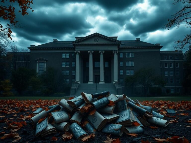 Flick International Large university building representing Columbia University, shrouded in shadows with a fractured façade symbolizing internal conflict.