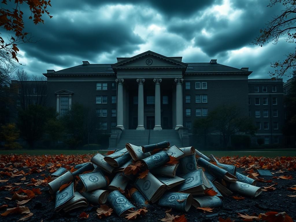 Flick International Large university building representing Columbia University, shrouded in shadows with a fractured façade symbolizing internal conflict.