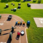 Flick International Overhead view of military training ground with fitness stations for Army Fitness Test