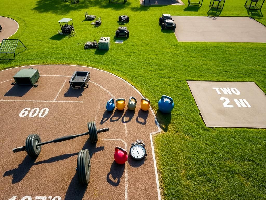 Flick International Overhead view of military training ground with fitness stations for Army Fitness Test