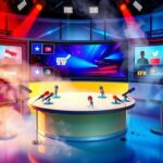 Flick International Abstract representation of a television studio set showcasing an empty round table and colorful microphones ready for debate