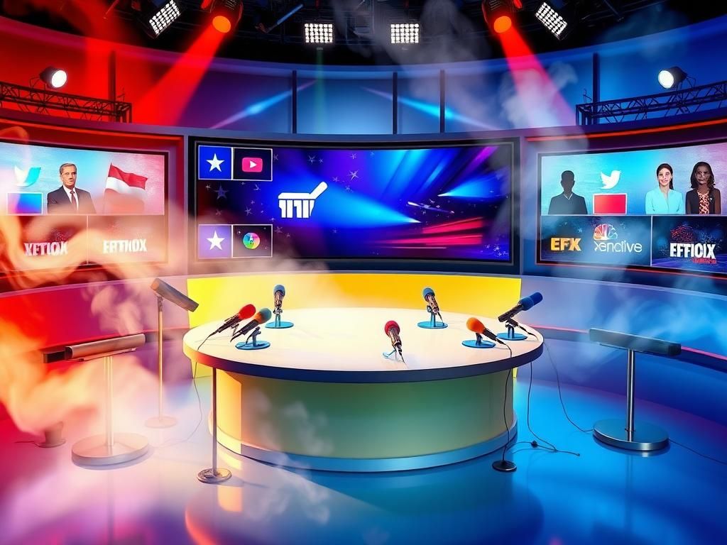 Flick International Abstract representation of a television studio set showcasing an empty round table and colorful microphones ready for debate