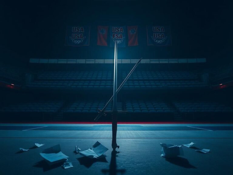 Flick International Dimly lit fencing arena with crossed swords symbolizing tension in women's sports
