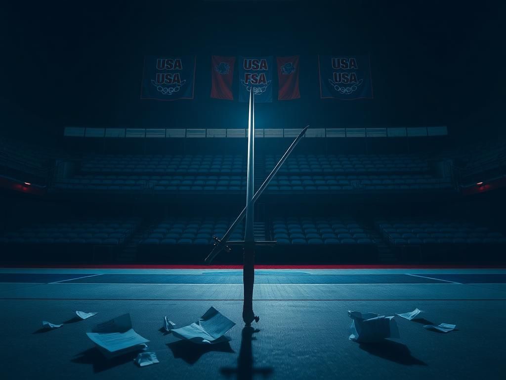 Flick International Dimly lit fencing arena with crossed swords symbolizing tension in women's sports