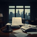 Flick International Office setting with legal documents and senator's letter atop a desk, city skyline in background